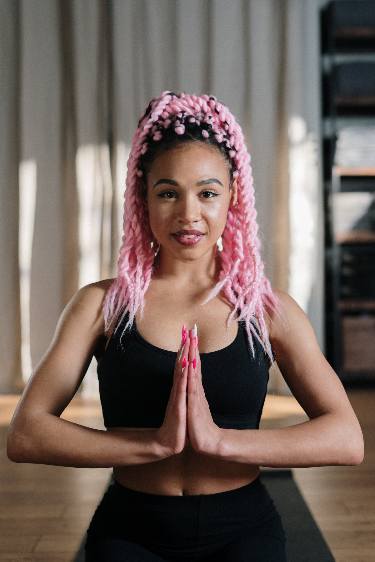 pink hair braids woman