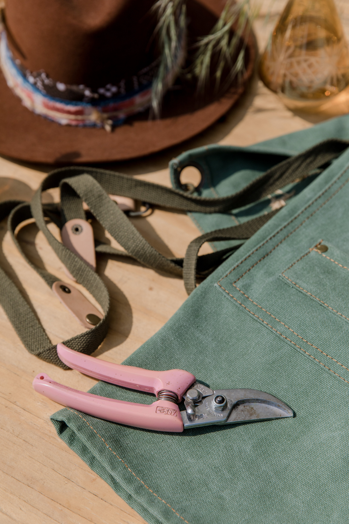 pruning shears on green cloth