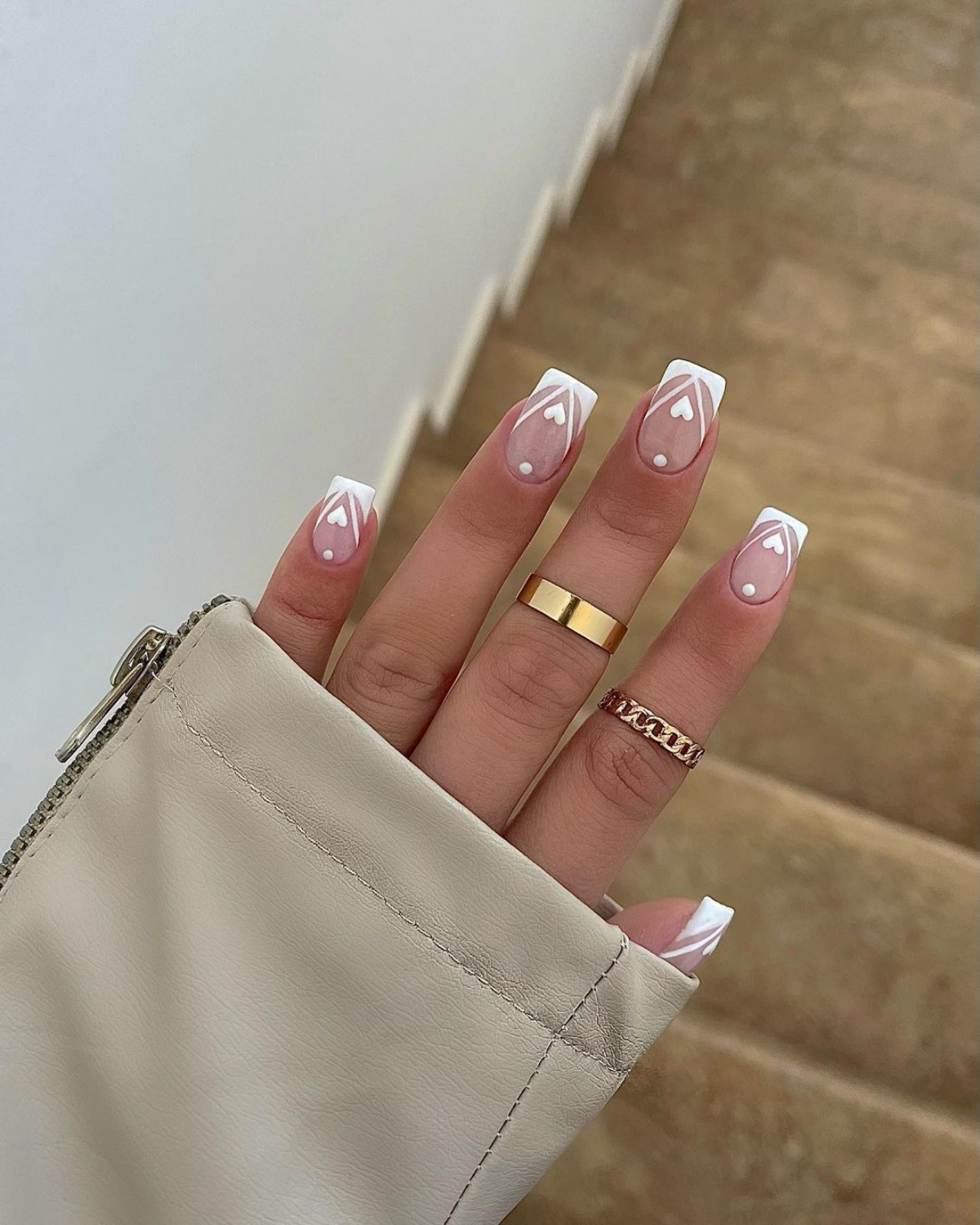 white hearts and lines nails