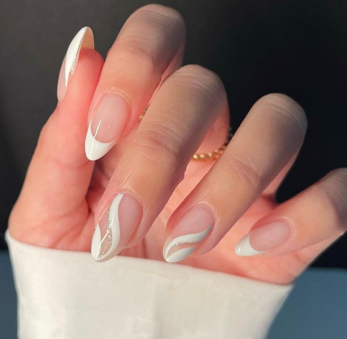 white nail design with lines