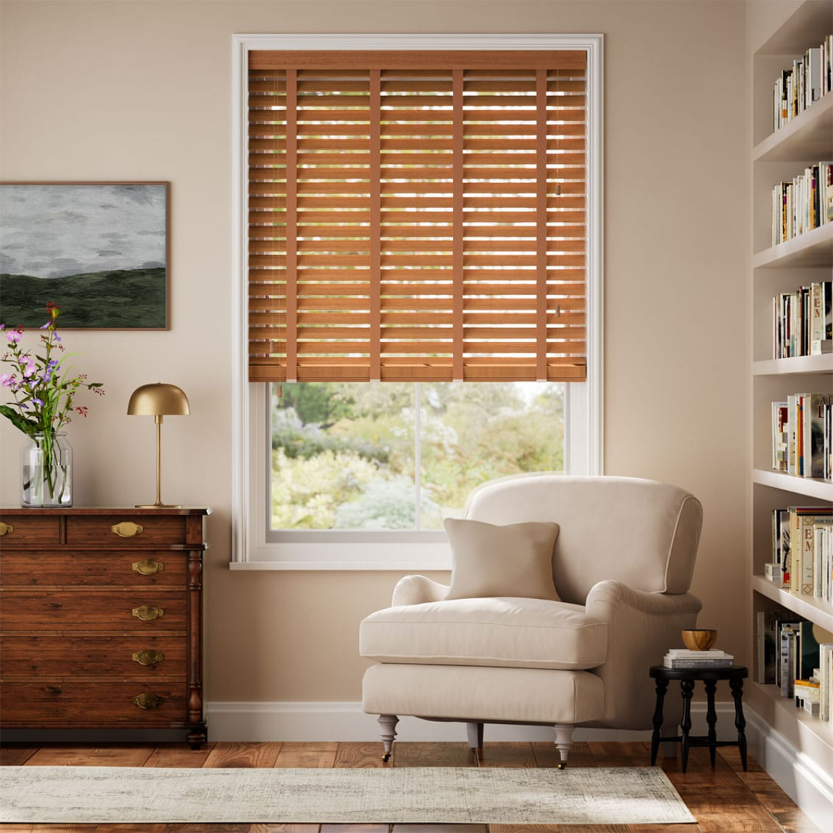 wooden blinds in living room