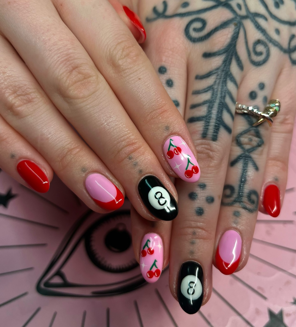 bright nail designs cherry and eight ball nails