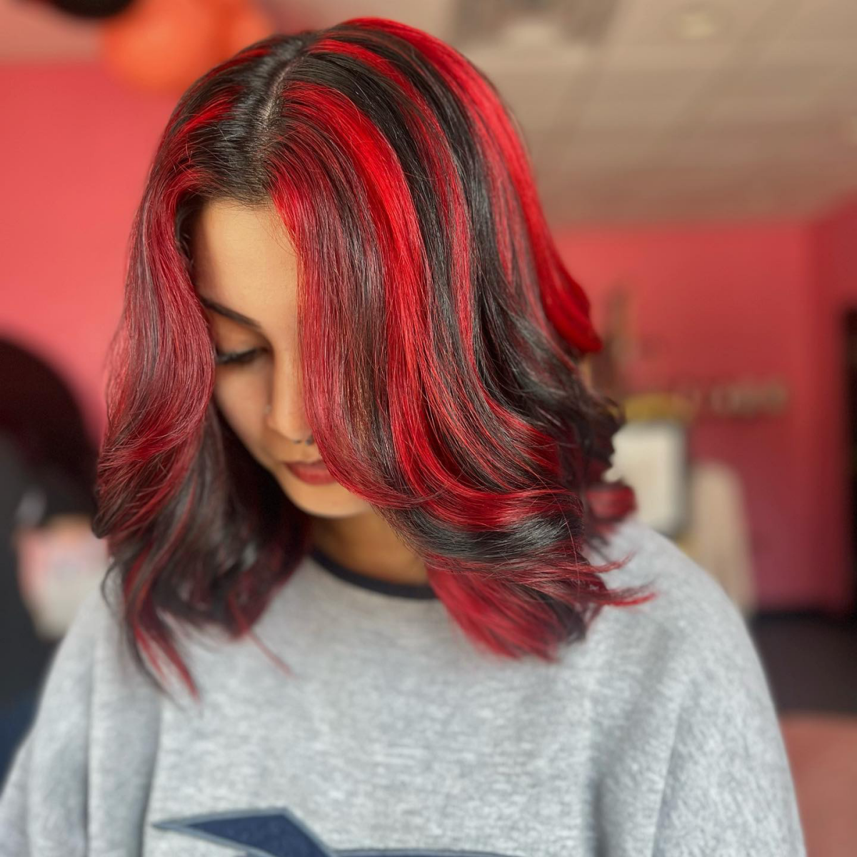 bright red and black chunky highlights