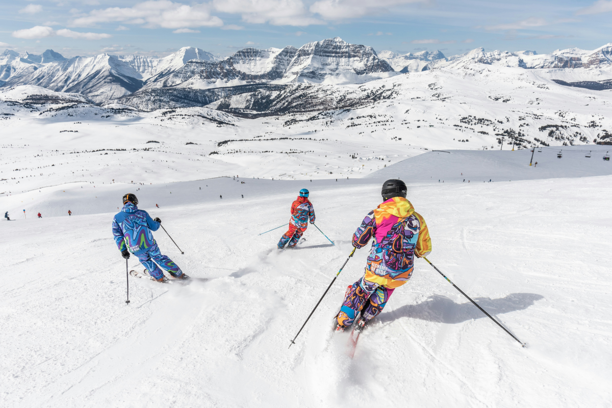 family skiing in winter