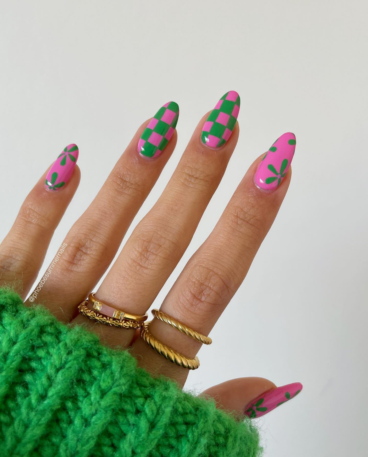 green and pink nails for spring