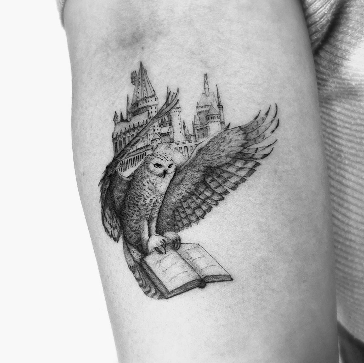 hedwig with hogwarts fine line tattoo harry potter
