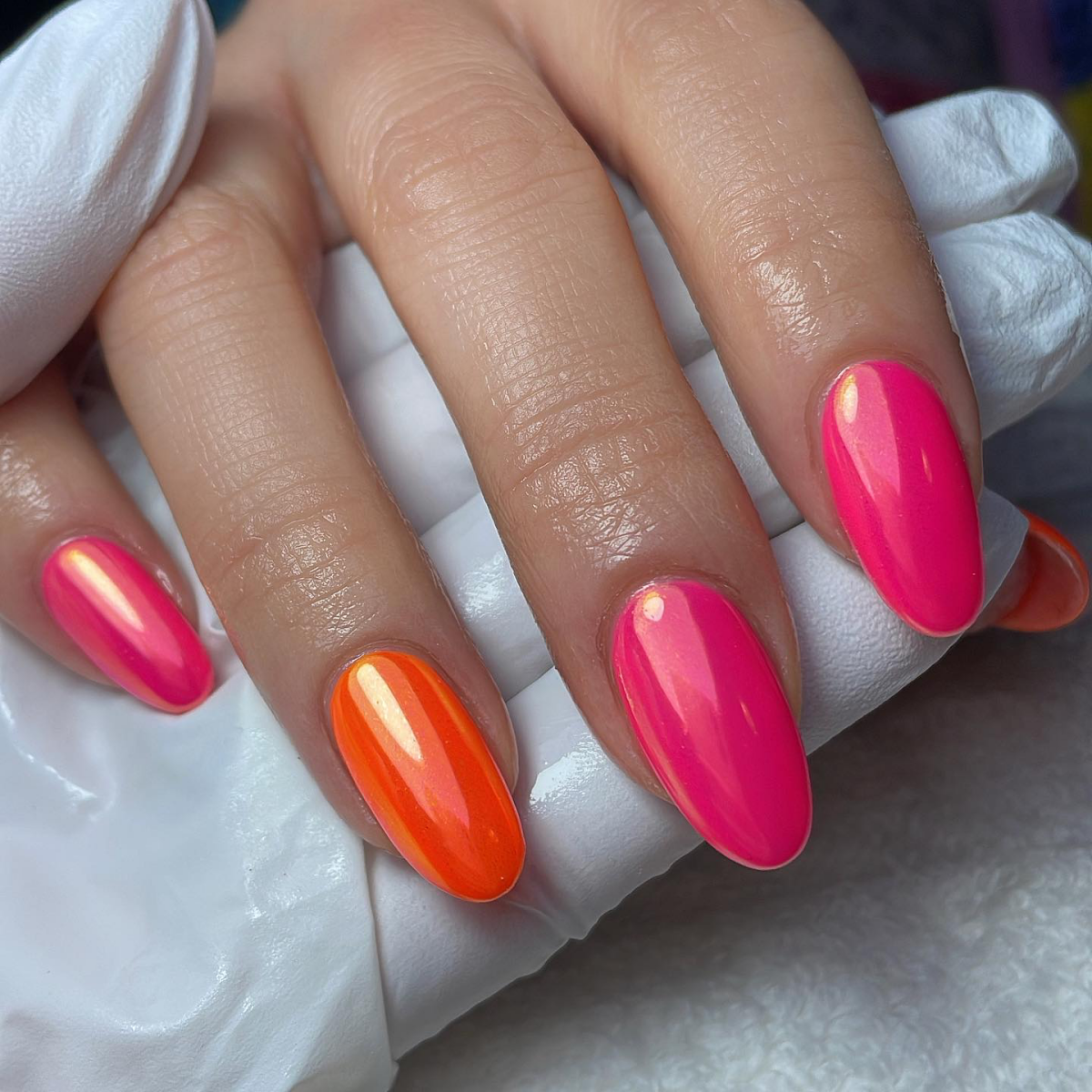 orange and pink chrome nails