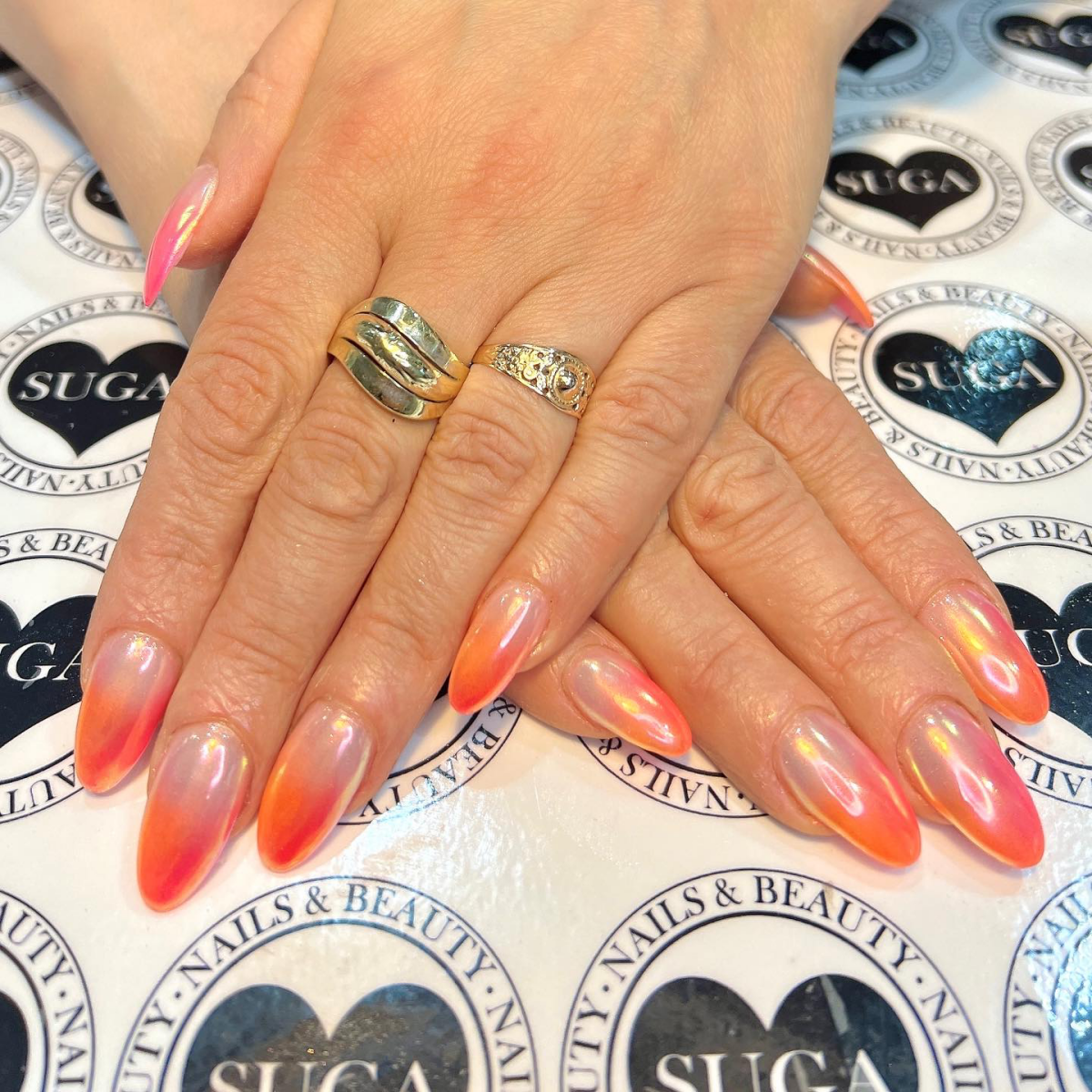 pink and orange ombre chrome nails