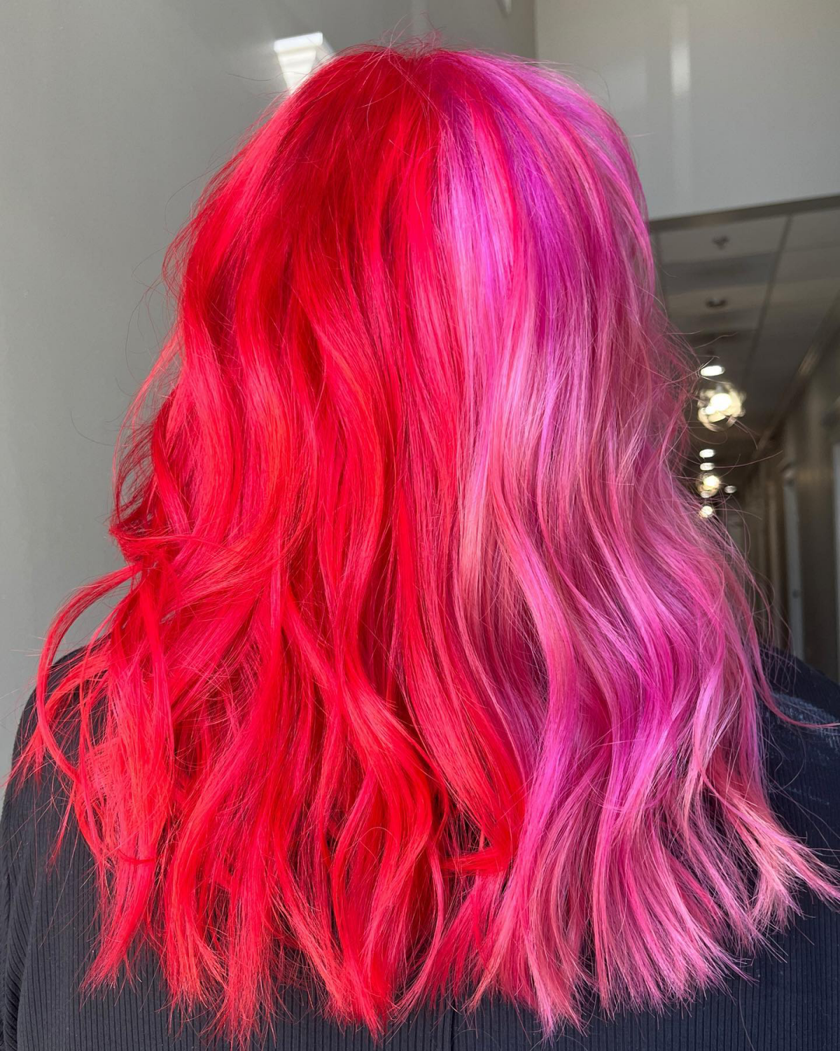 pink and red split hairstyle