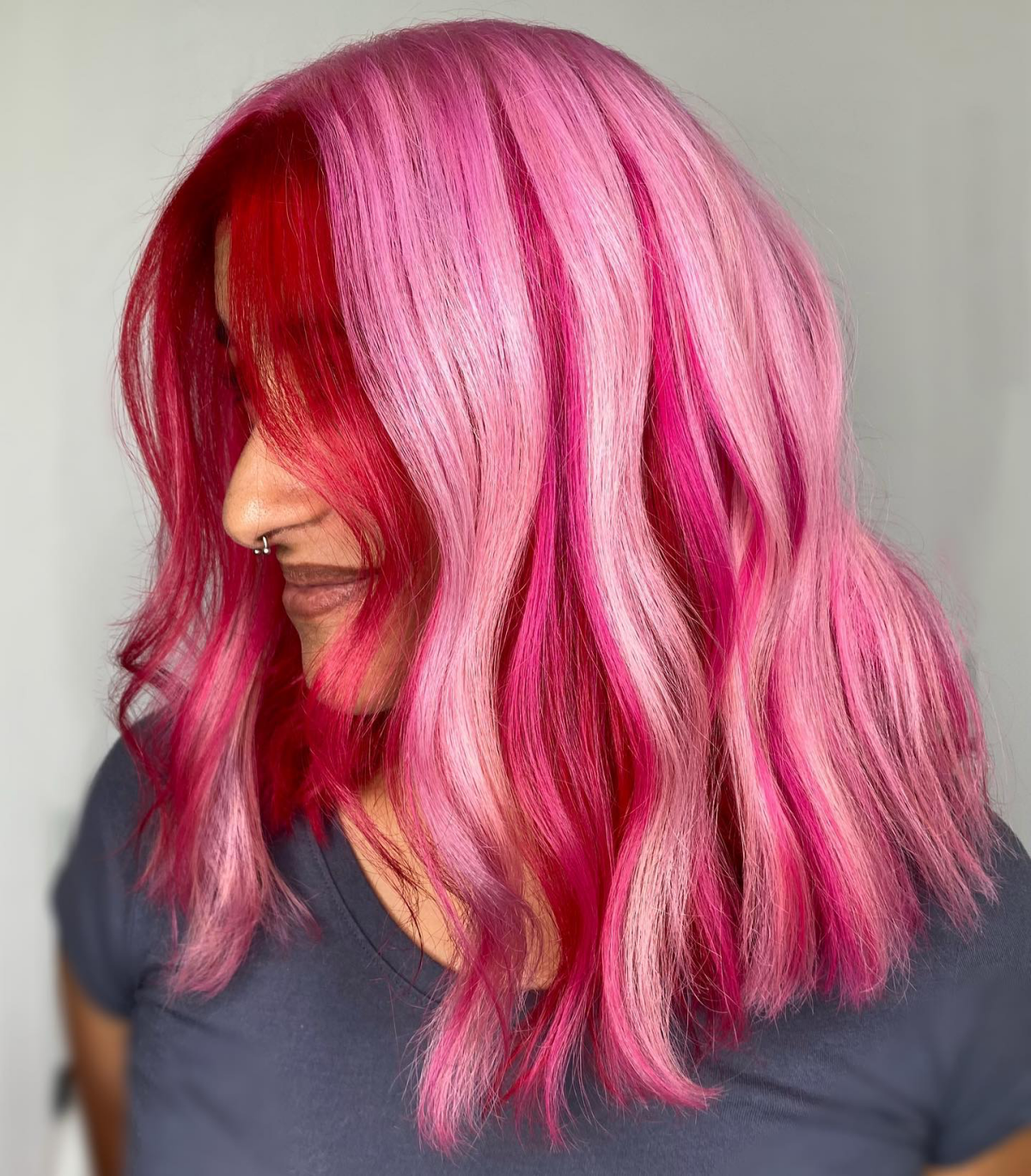 red and pink highlighted hair