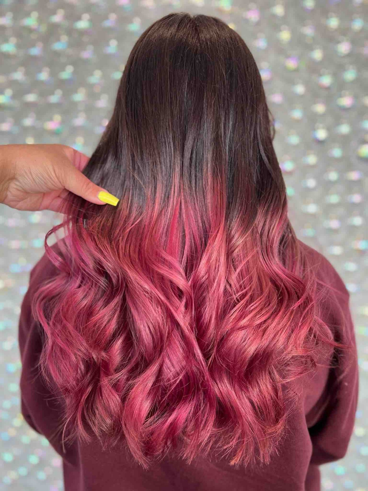 red and pink ombre on brown hair