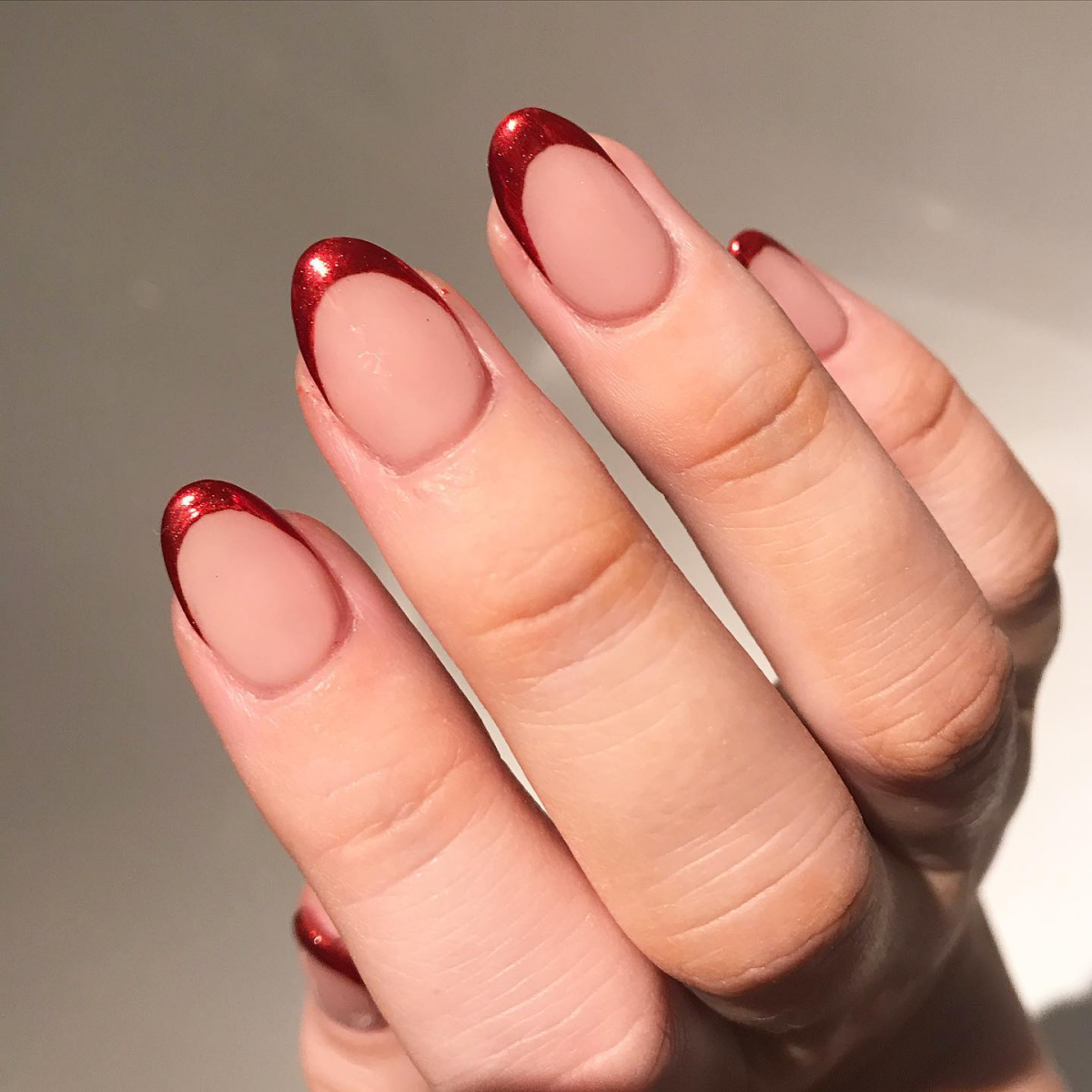 red chrome french tip almond shape nails