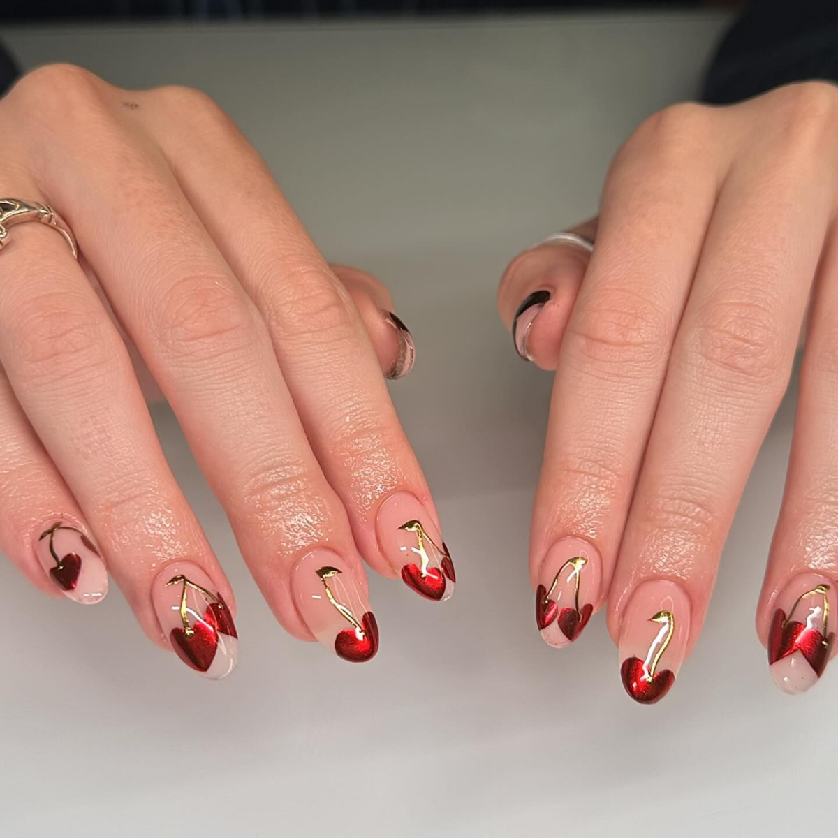 red chrome nails cherries with chrome nails