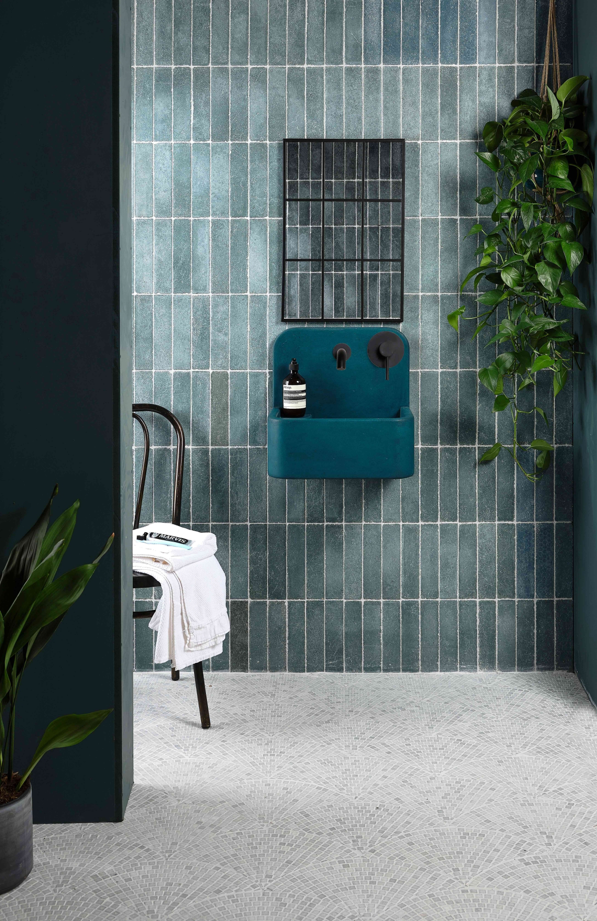 sapphire blue bathroom with blue tile