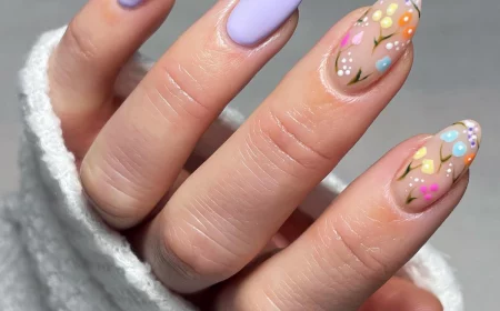 sping nail designs 2024 purple nails with spring florals