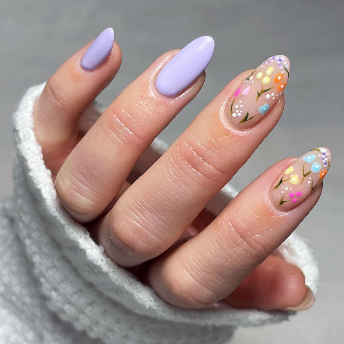 sping nail designs 2024 purple nails with spring florals