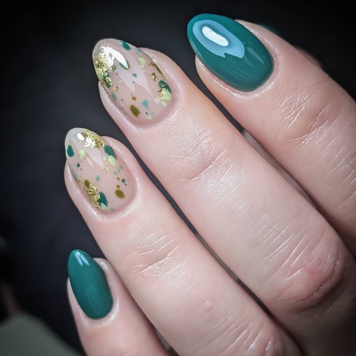 wedding guest nails forest green with gold splatters