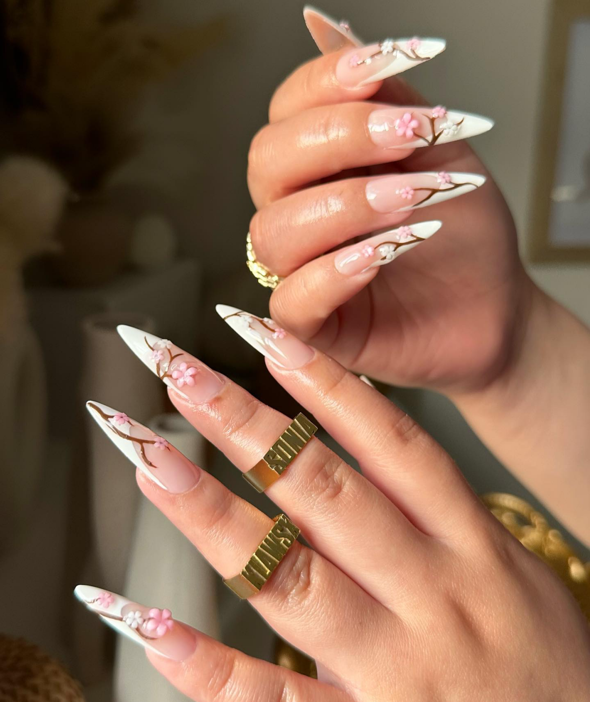 white french tip 3d cherry blossoms
