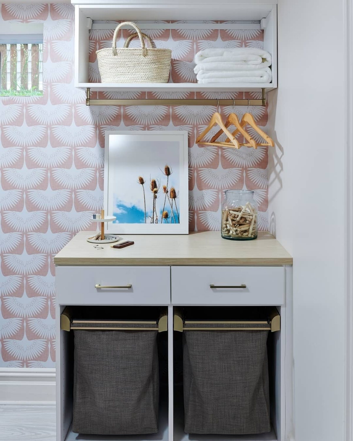 baskets in laundry room pink room