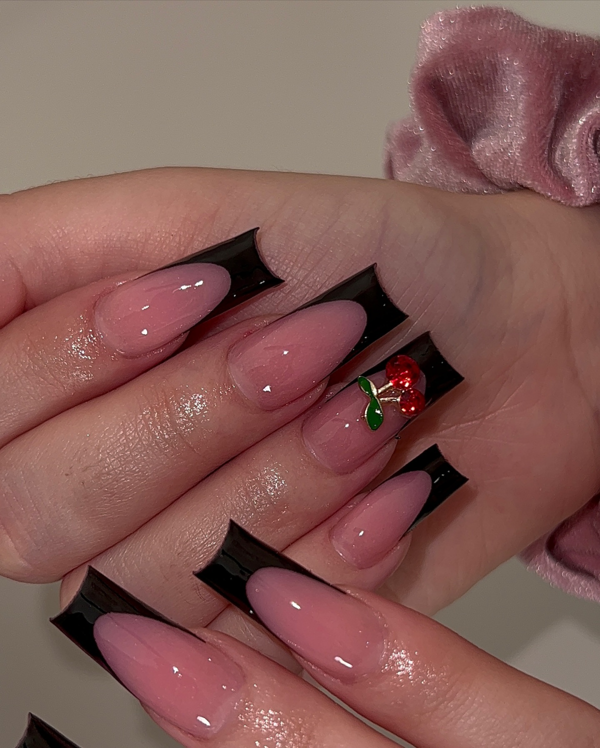 black french nails with cherry