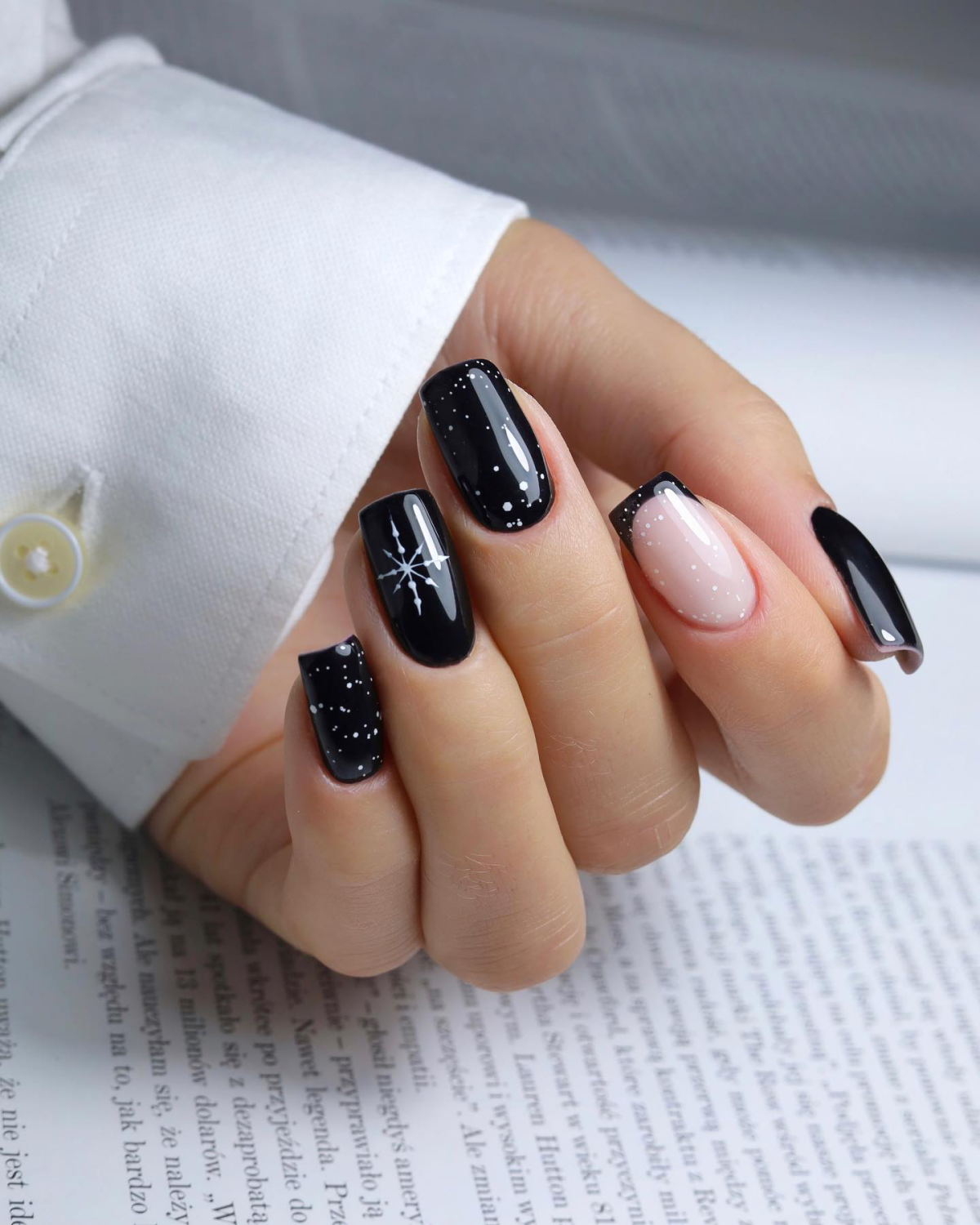 black nails with white specs