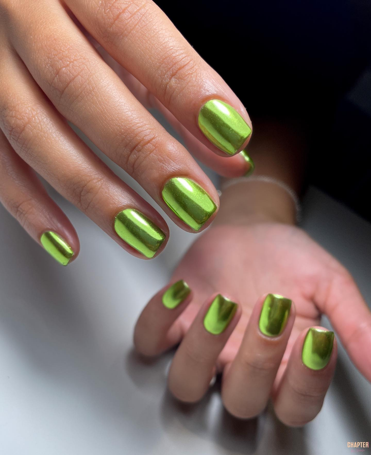 bright green chrome nail design