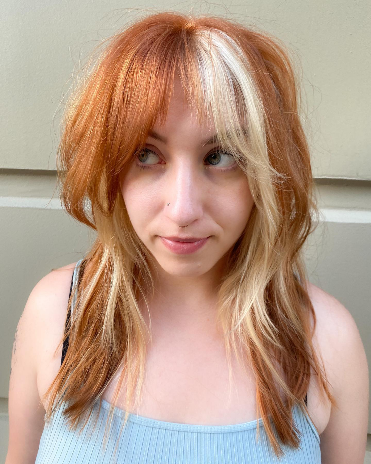 color blocking hair copper and blonde