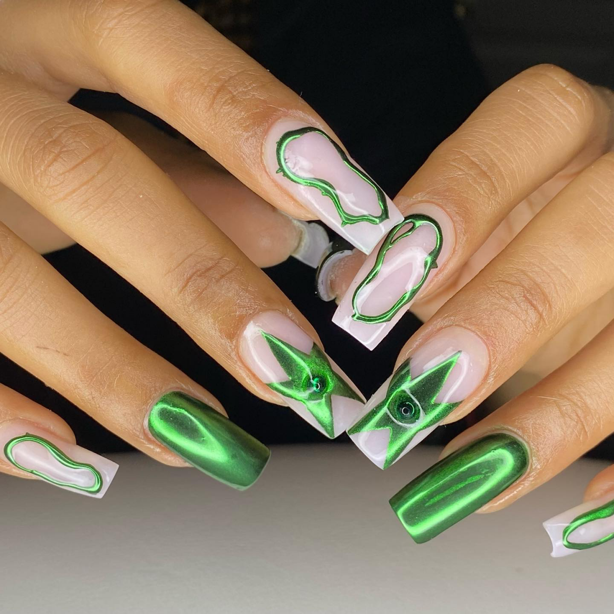 green chrome nails dark green with design