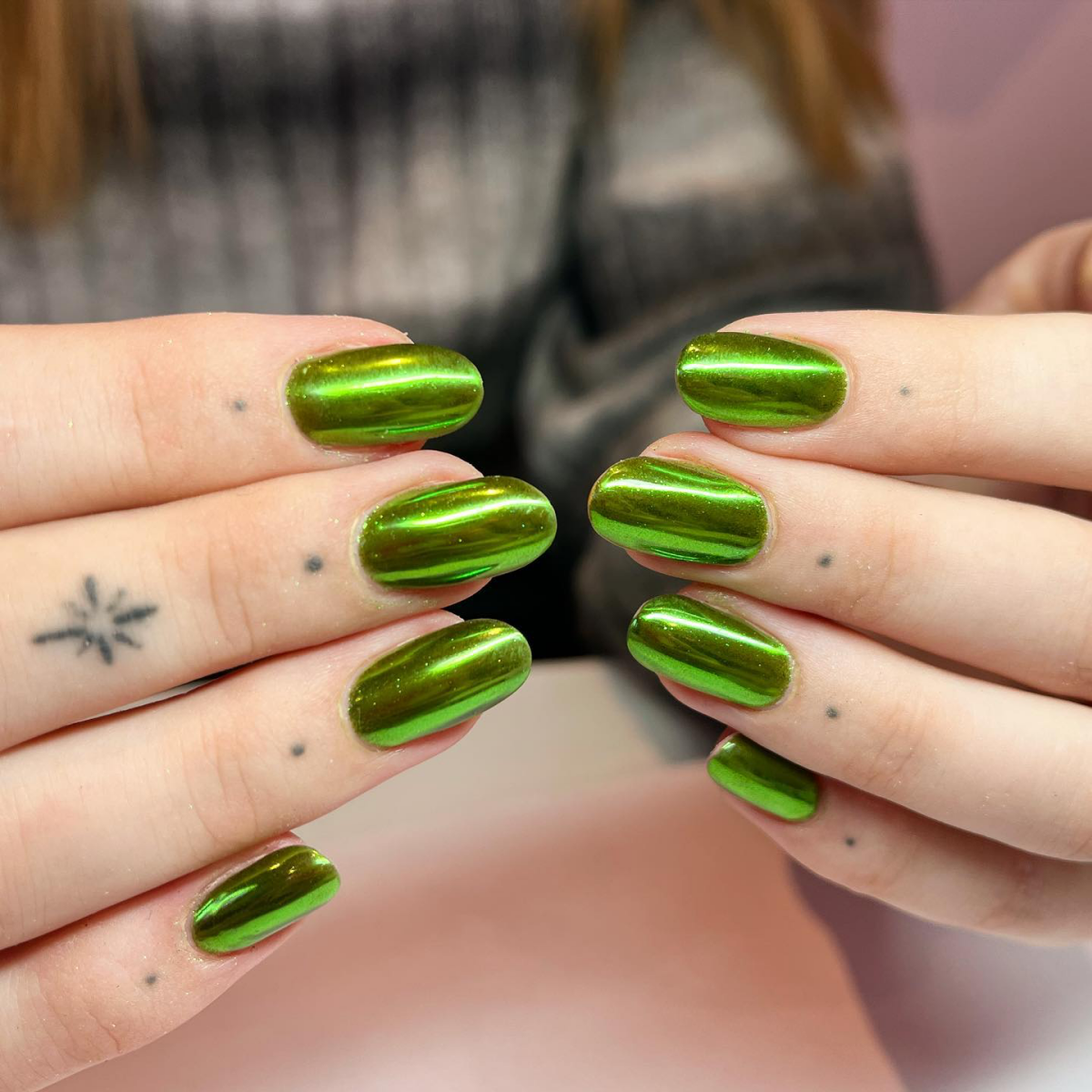 green chrome nails in bright green