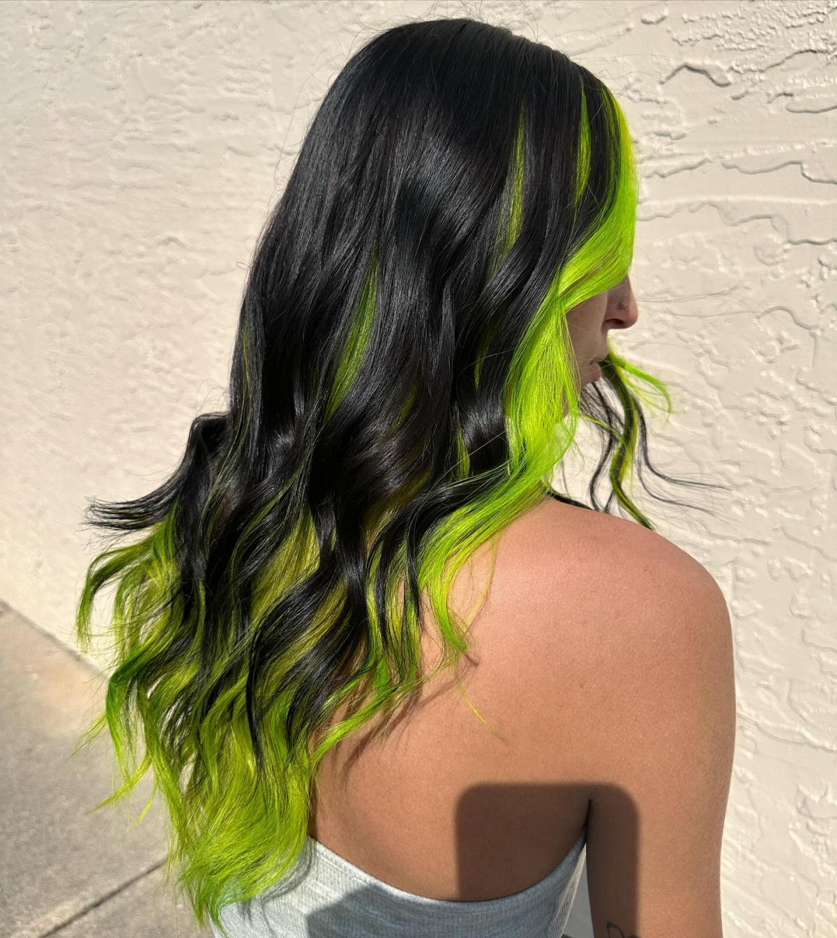 green color block with black hair
