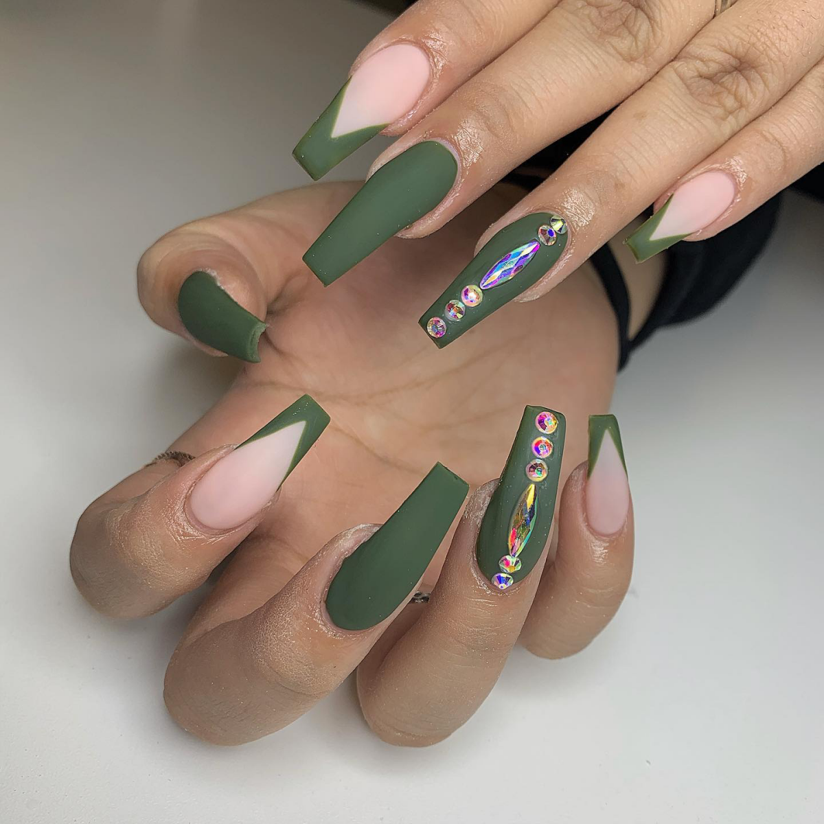 green nails with rhinestones