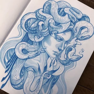 medusa drawing blue sketch