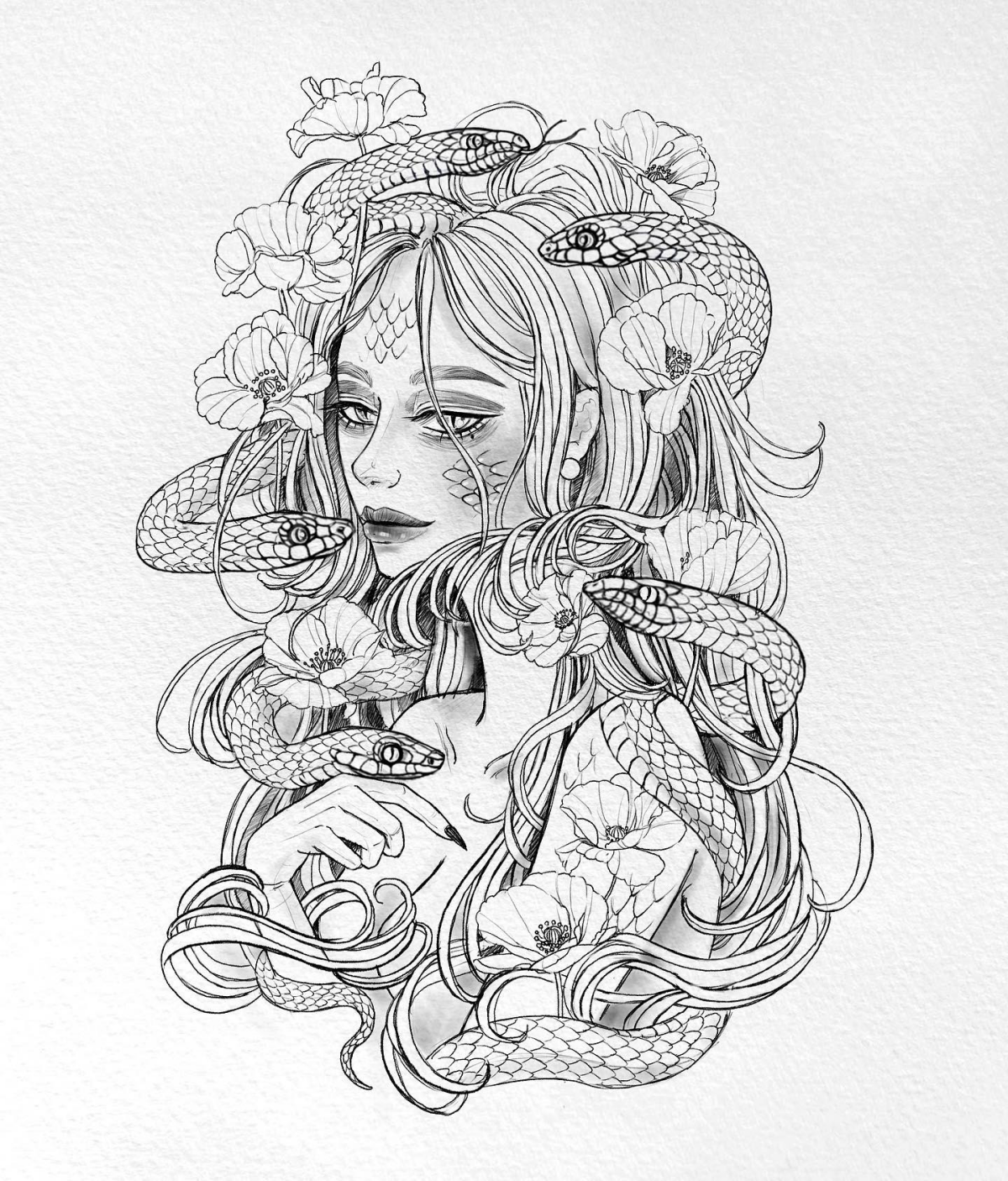 medusa drawing ideas with poppy flowers