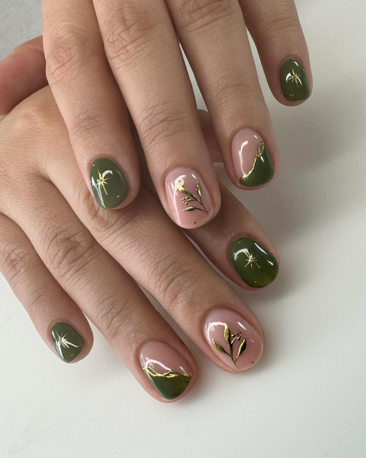 olive green golden nails
