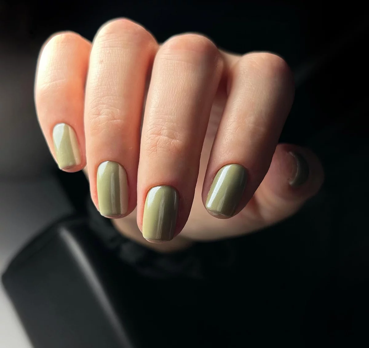 olive green nails chrome design