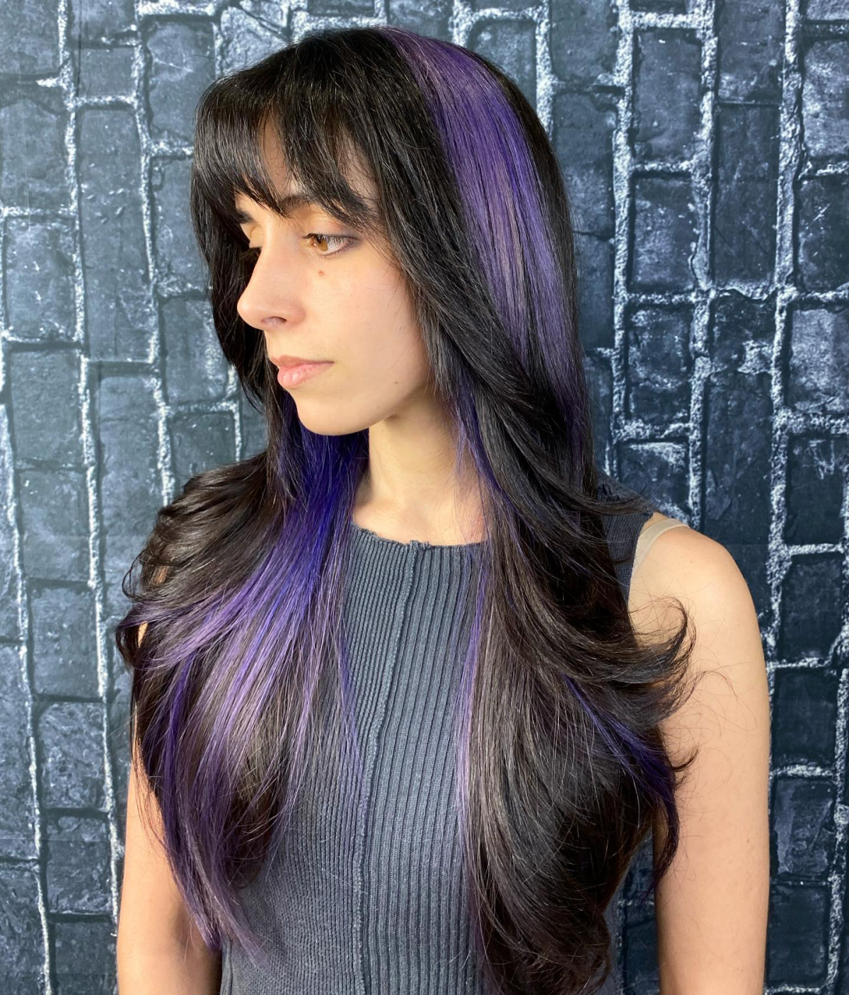 purple color blocking on shag cut