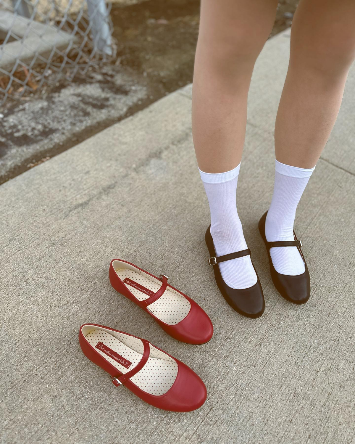 red and brown ballet flats with strap