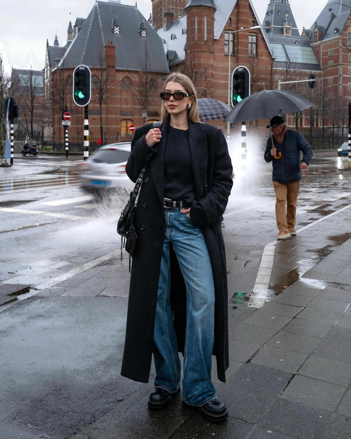 shoes with wide leg jeans woman with jeans and boots in rain