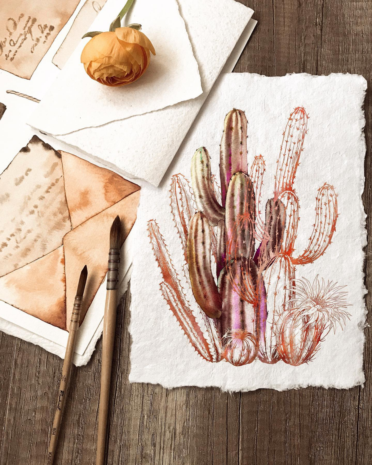 watercolor painting of cacti