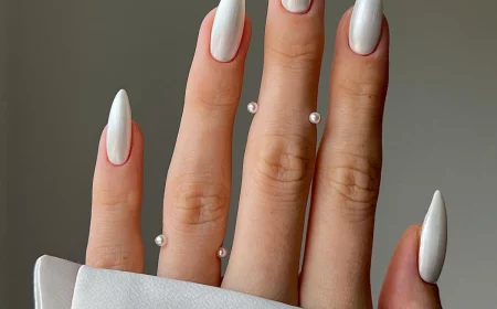 white chrome nails on hand
