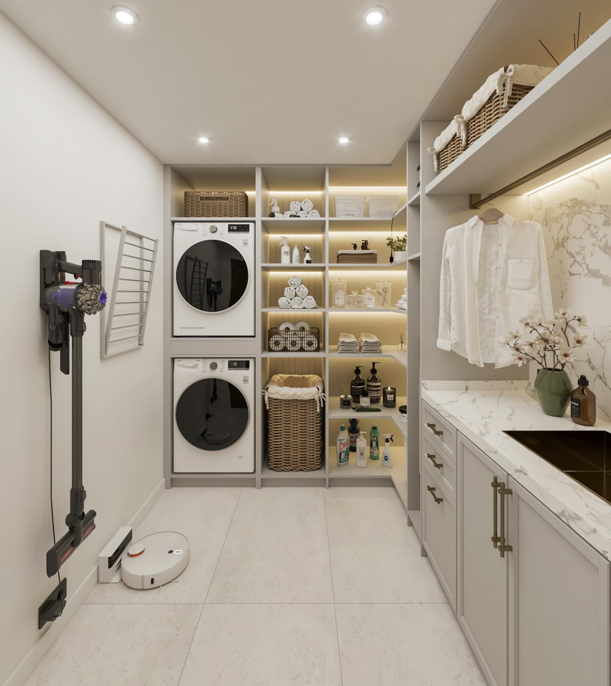 white marble laundry room