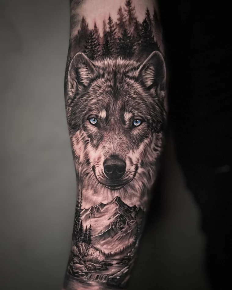 wolf tattoo realistic wolf with blue wolf