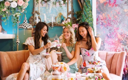 adult tea party women at tea party in floral dresses