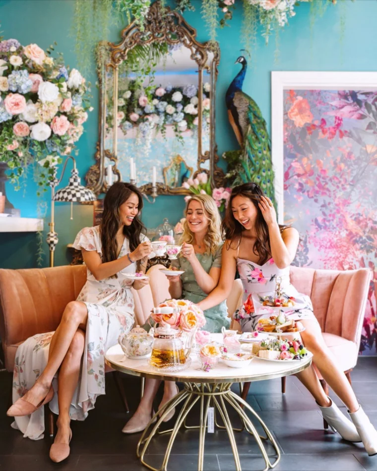 adult tea party women at tea party in floral dresses