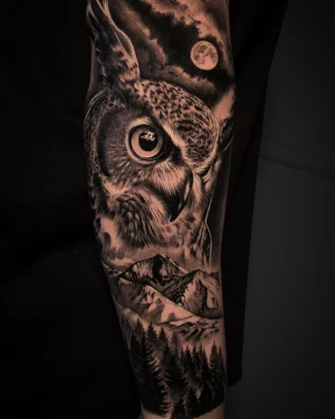animal tattoo owl and forest and mountains