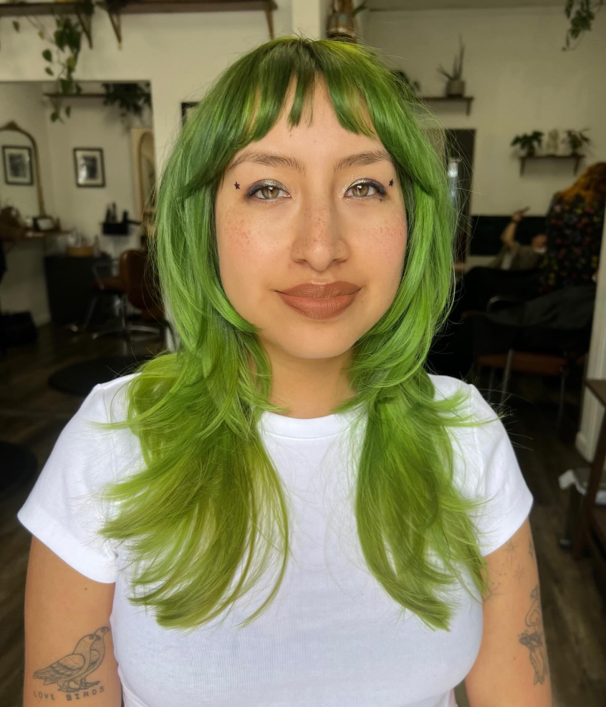 baby bangs with layers green hair