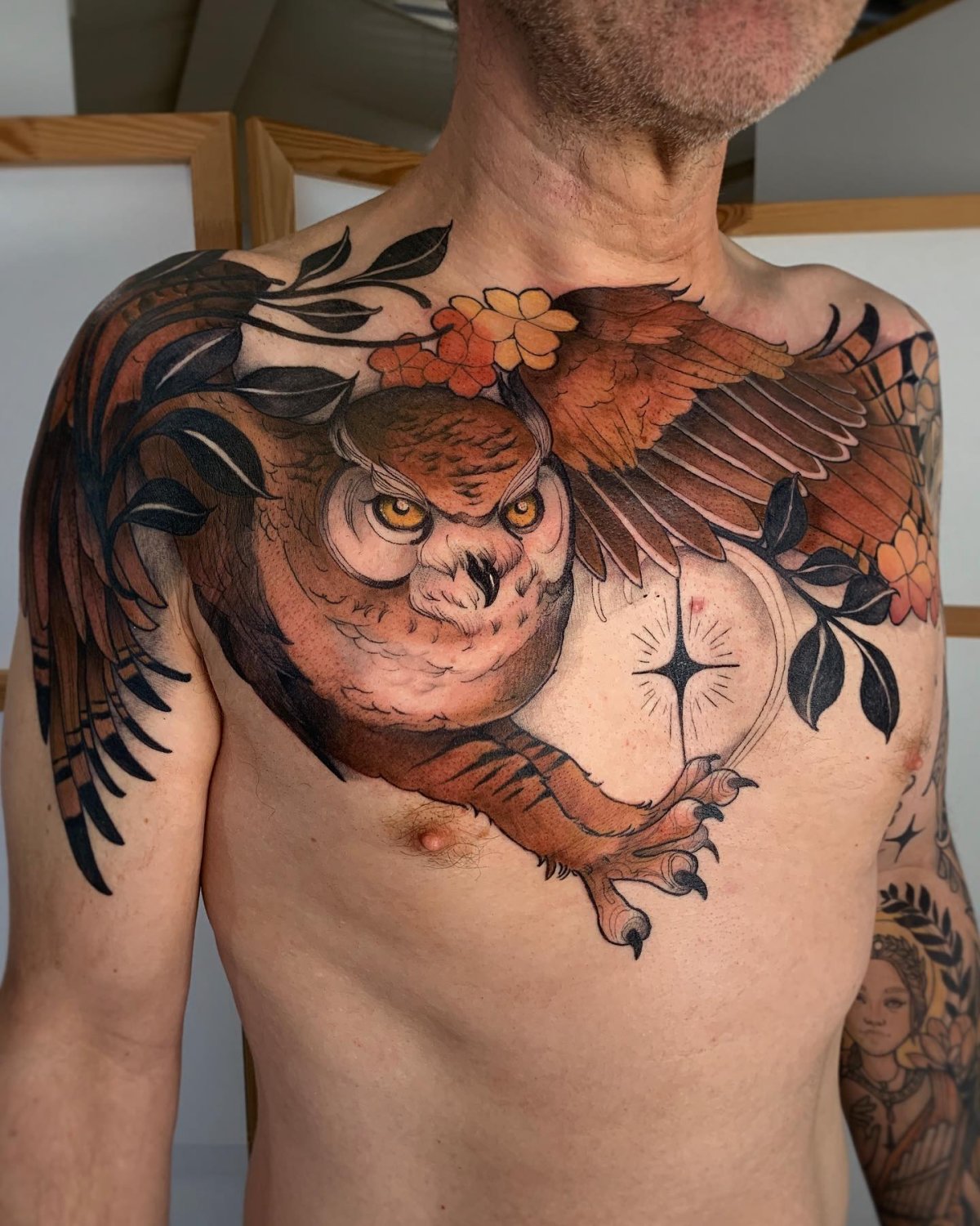 chest owl tattoo colorful
