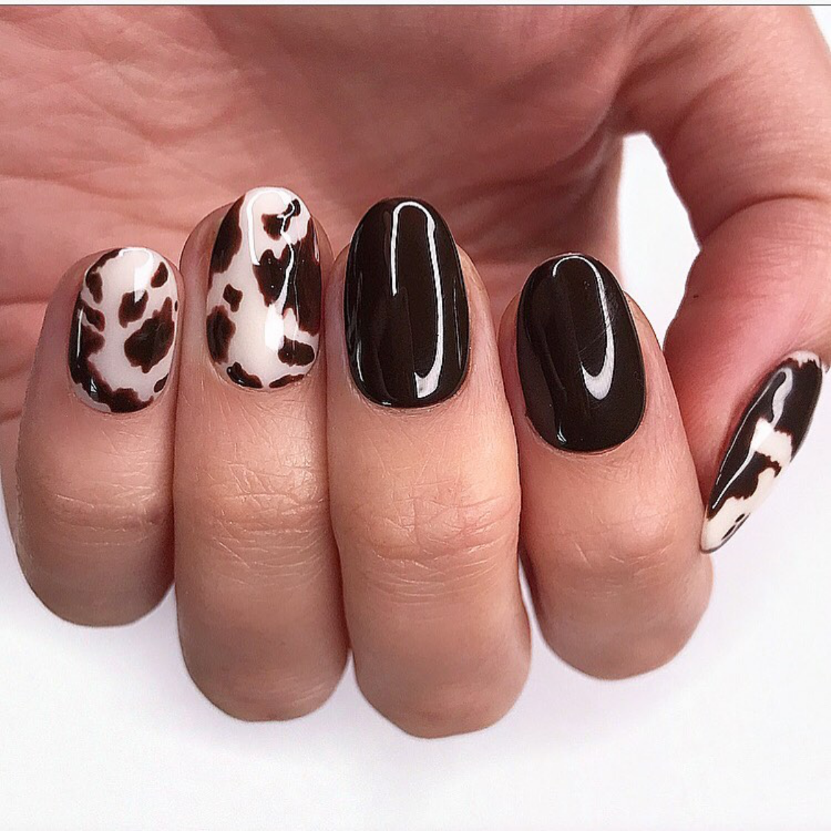 cow print nails with two black nails