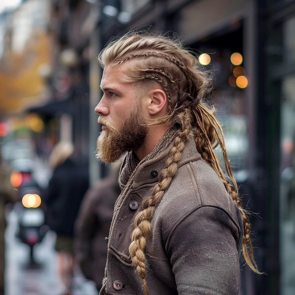 man with long braids in viking style