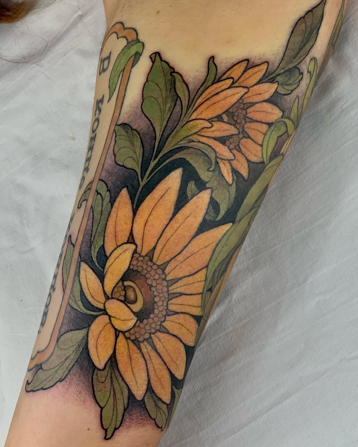 neo traditional tattoo floral sunflowers